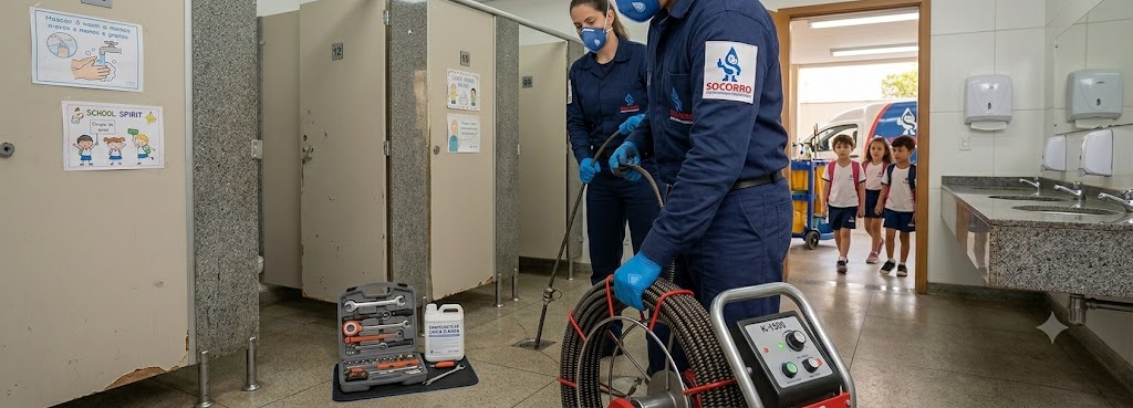 Profissional realizando Desentupimento e Manutenção Preventiva para Escolas, Colégios e Creches em Navegantes