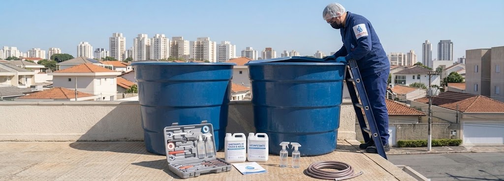 Profissional realizando Imunização e Desinfecção Bacteriológica de Caixas D'água em Navegantes